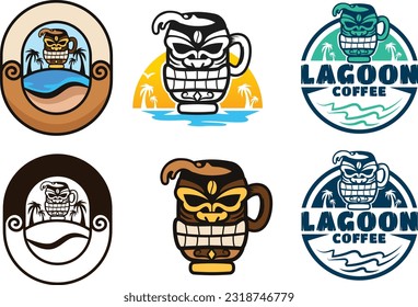 tiki bar and cafe logos with a mascot character on a tropical beach. Sunset, water trees give a Lagoon vibe and summer times. best for a restaurant or coffee place.