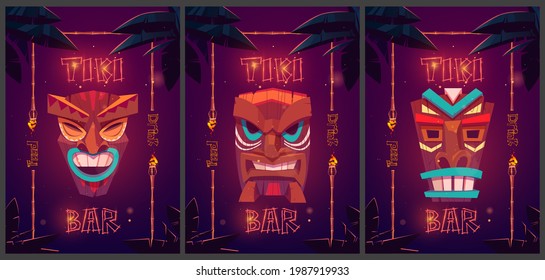 Tiki bar cartoon ad posters with tribal masks in bamboo frames and palm leaves. Promo posters for beach hut bar food and drink, signboards with glowing fonts for amusement establishment Vector banners