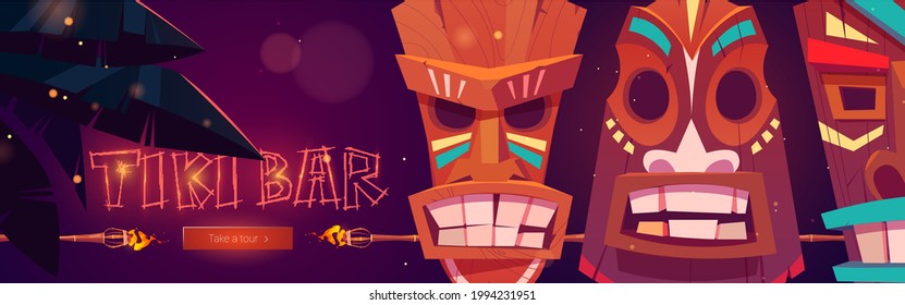 Tiki bar cartoon web banner with tribal masks, burning torches, palm leaves and push button. Beach hut bar promo for night party, advertising with glowing fonts for amusement establishment Vector ad