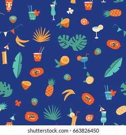 Tiki bar cocktail and fruits seamless pattern in vector. Hawaiian alcohol drinks illustration.