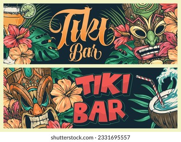 bunte Tiki-Bar-Banner mit polynesischen Maskottchen und Strandcocktails für Touristen, die an der Küste Urlaub machen, Vektorgrafik