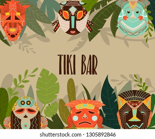 Tiki bar design template with tribal masks and jungle leaves. Design elements with African ethnic geometric ornament. Vector illustration