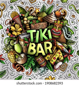Tiki Bar hand drawn cartoon doodle illustration. Funny Hawaiian design. Creative art vector background. Handwritten text with elements and objects. Colorful composition