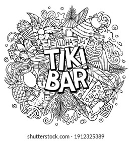 Tiki Bar hand drawn cartoon doodle illustration. Funny Hawaiian design. Creative art vector background. Handwritten text with elements and objects. Sketchy composition