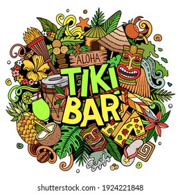 Tiki Bar hand drawn cartoon doodle illustration. Funny Hawaiian design. Creative art vector background. Handwritten text with elements and objects. Colorful composition
