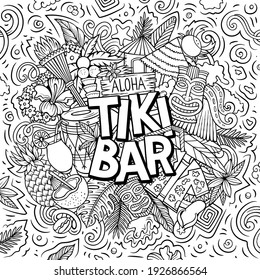 Tiki Bar hand drawn cartoon doodle illustration. Funny Hawaiian design. Creative art vector background. Handwritten text with elements and objects. Sketchy composition
