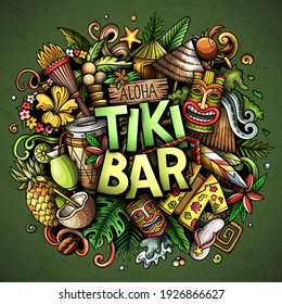 Tiki Bar hand drawn cartoon doodle illustration. Funny Hawaiian design. Creative art vector background. Handwritten text with elements and objects. Colorful composition