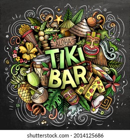 Tiki Bar hand drawn cartoon doodle illustration. Funny Hawaiian design. Creative art vector background. Handwritten text with elements and objects. Chalkboard composition