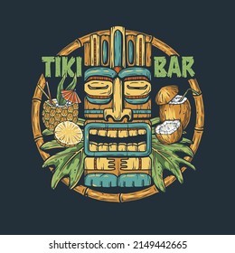 Tiki bar of hawaii with tiki mask, pineapple and coconut cocktail and tropical leaves for summer surfing print or tropic exotic beach