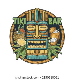 Tiki bar of hawaii with tiki mask, pineapple and coconut cocktail and tropical leaves for summer surfing print or tropic exotic beach