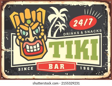 Tiki bar inscription sign design with native tiki mask and palm trees. Tropical beach bar vector poster. Retro sign.