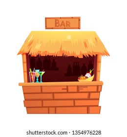 Tiki Bar Isolated. Summer Drink Table With Alcoholic Cocktails. Vector Cartoon Illustration