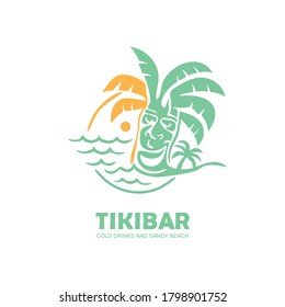 Tiki Bar Logo Design With Tiki Mask On The Beach. Emblem With Island, Palm Tree, Sea And Sun In The Background. Vector Illustration.