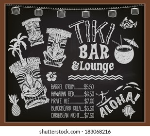 Tiki Bar and Lounge Chalkboard Cocktail Menu - Blackboard poster advertising Hawaiian tiki bar, with tiki gods, surfer, palm trees, coconut drink and the list of exotic Caribbean cocktails
