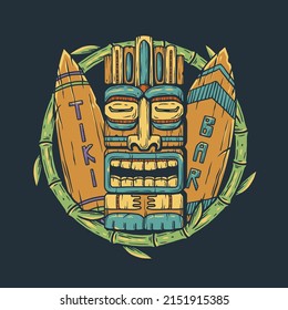 Tiki bar with tiki mask, surfs and tropical leavs. Exotic hawaiian mask and surfboards for summer surfing prints or tropic beach