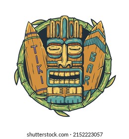 Tiki bar with tiki mask, surfs and tropical leavs. Exotic hawaiian mask and surfboards for summer surfing prints or tropic beach