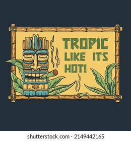 Tiki bar with tiki mask, tropical frame and leaves. Exotic background for summer hawaii surfing or beach bar