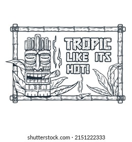 Tiki bar with tiki mask, tropical frame and leaves. Exotic background for summer hawaii surfing or beach bar