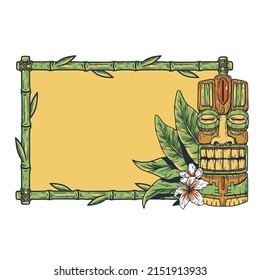 Tiki bar with tiki mask, tropical frame and leaves. Exotic background for summer hawaii surfing or beach bar