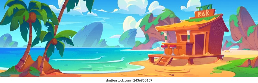 Tiki bar on shore of tropical lagoon. Cartoon summer landscape of sea or ocean sandy beach with wooden hut cafe with straw roof and stools near counter. Restaurant shack on coast with palm trees