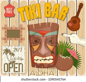 Tiki Bar Poster. Vintage Hawaiian Postcard - Invitation to Beach Party - Vector Illustration.