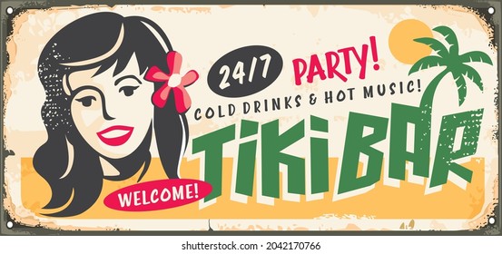 Tiki bar Retro-Schild Idee mit Hawaiian Mädchen, Palmen und Vintage Typografie. Altes Schild für Strandbar Café. Vektorparty-Banner im Comic-Stil. Willkommen auf Hawaii.