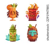 Tiki Bar set with exotic cocktails in mug with Tiki mask. Hawaiian traditional elements. Isolated on white background. Vector cartoon style