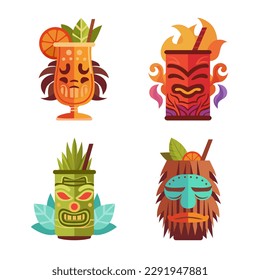 Tiki Bar set with exotic cocktails in mug with Tiki mask. Hawaiian traditional elements. Isolated on white background. Vector cartoon style