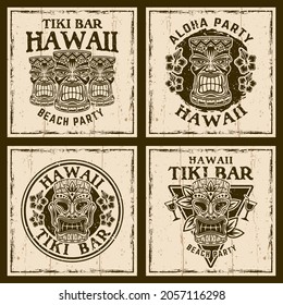 Tiki bar set of four hawaiian style vector brown vintage emblems, labels, badges or logos on background with removable grunge textures on separate layers