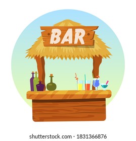 Tiki bar with signboard. Hut or bar with thatched roof and exotic cocktail in mug, glass wineglass. Summer poster vector illustration