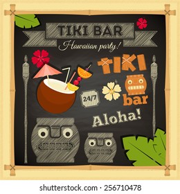 Tiki Bar. Summer Hawaii Card on Chalkboard. Vector Illustration. 