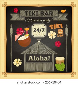 Tiki Bar. Summer Hawaii Card on Chalkboard with Bamboo Frame. Vector Illustration. 