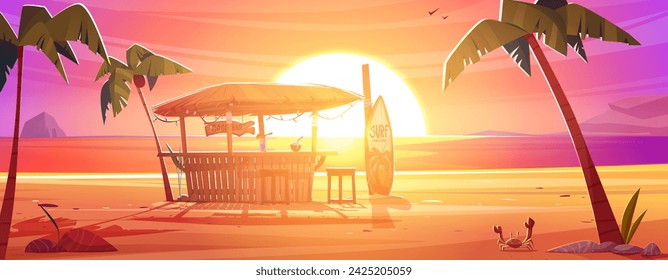 Tiki bar and surfboard on sea sand beach with palm trees on sunset. Cartoon sunrise summer ocean shore landscape with bamboo bungalow with thatch roof. Hawaiian cafe with cocktails and fruit drinks. svg