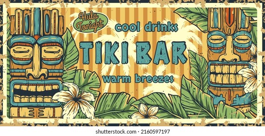 Tiki bar surfing summer poster. Tropical leaves, beach party and summer time