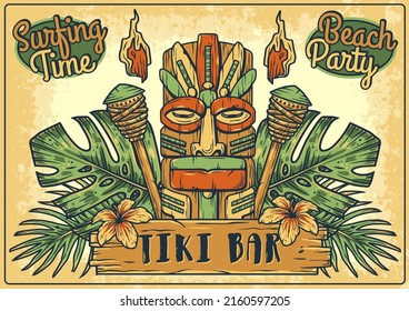 Tiki bar surfing summer poster. Tropical leaves, beach party and summer time