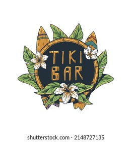 Tiki bar with surfs and tropical leavs, flowers. Exotic hawaii, surfboards for summer surfing prints or tropic beach