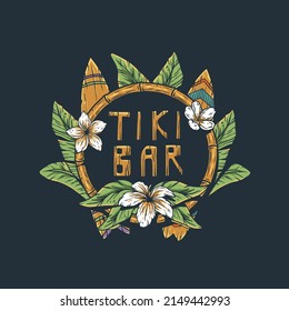 Tiki bar with surfs and tropical leavs, flowers. Exotic hawaii, surfboards for summer surfing prints or tropic beach