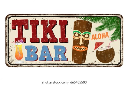 Tiki bar vintage rusty metal sign on a white background, vector illustration