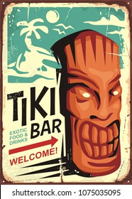 Tiki Bar Vintage Sign Concept With Tiki Mask And Tropical Landscape. Hawaii Cafe Restaurant Ad On Old Retro Background.