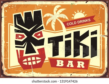 Tiki Bar Vintage Tin Sign With Hawaiian Tiki Mask And Creative Typography. Food And Drink Cafe Advertisement Sign. Hawaii Vacation Souvenir.