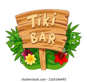 Tiki Bar Wooden Banner. Hawaiian Traditional Art. Hawaii Symbol. Isolated White Background. EPS10 Vector Illustration.