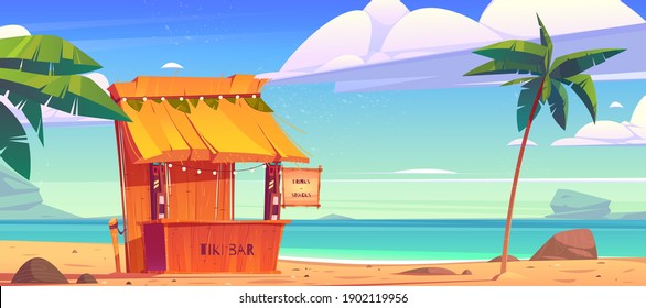 Tiki bar, wooden hut with tribal masks, drinks and snacks on summer beach. Vector cartoon tropical landscape with sea, palm trees and cafe with cocktails. Exotic vacation and travel concept