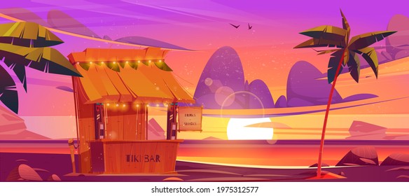 Tiki bar, wooden hut with tribal masks, drinks and snacks on sea beach at sunset. Vector cartoon tropical landscape with ocean, palm trees and cafe at evening. Exotic vacation and travel concept