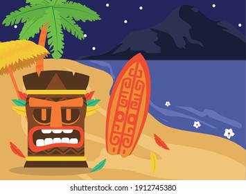 Tiki cartoon at the beach at night design of Hawaiian tropical summer and exotic theme Vector illustration