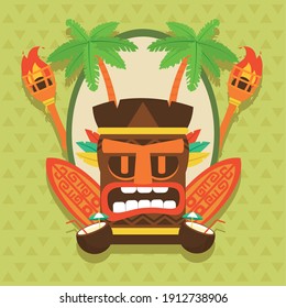 Tiki cartoon with surfboards design of Hawaiian tropical summer and exotic theme Vector illustration