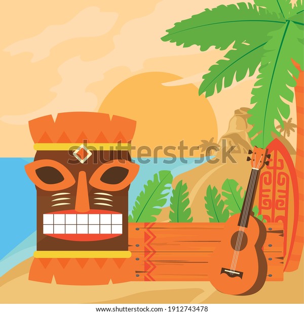 Tiki cartoon\
wood banner and guitar at beach design of Hawaiian tropical summer\
and exotic theme Vector\
illustration