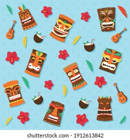 Tiki cartoons and coconut cocktails backgrounds design of Hawaiian tropical summer and exotic theme Vector illustration