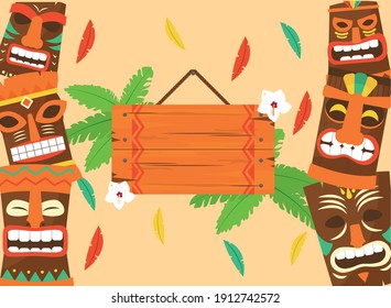 Tiki cartoons frame and wood banner with leaves design of Hawaiian tropical summer and exotic theme Vector illustration