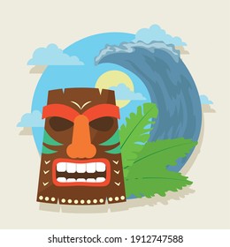 Tiki cartoons with leaves and sea design of Hawaiian tropical summer and exotic theme Vector illustration