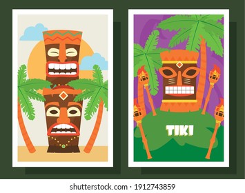 Tiki cartoons with palm trees labels design of Hawaiian tropical summer and exotic theme Vector illustration